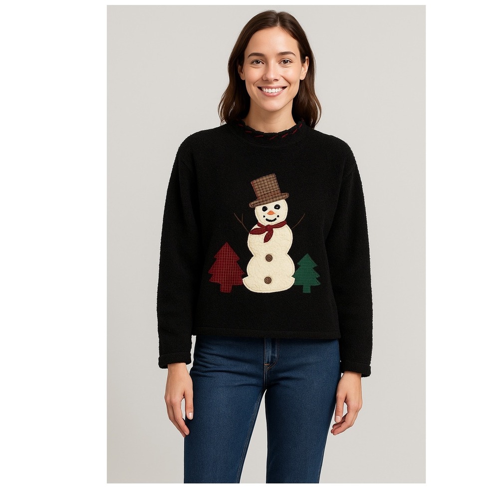 Tasha Polizzi Snowman Christmas Sweater Small Black Fleece‎ Winter Holiday Trees